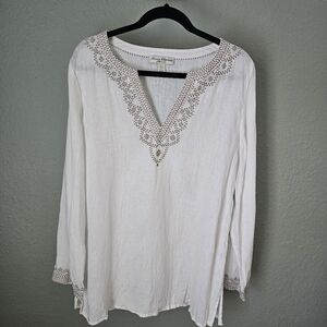 Marisa Christina White Linen Tunic Top Embroidered Size L